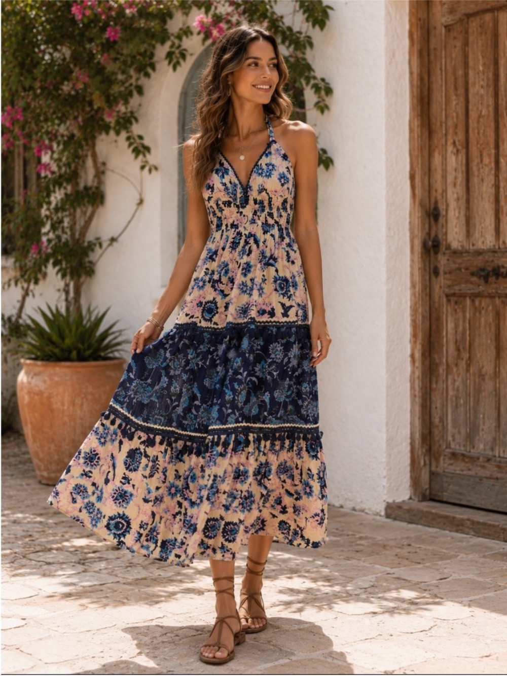 NEW Area Stars Riviera Floral Tassel Halter Maxi Dress, Small